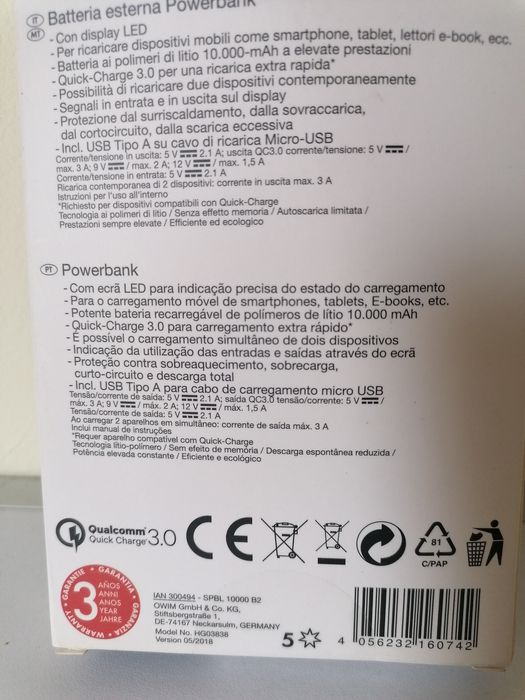 Powerbank 10000 mAh com Carga Rápida