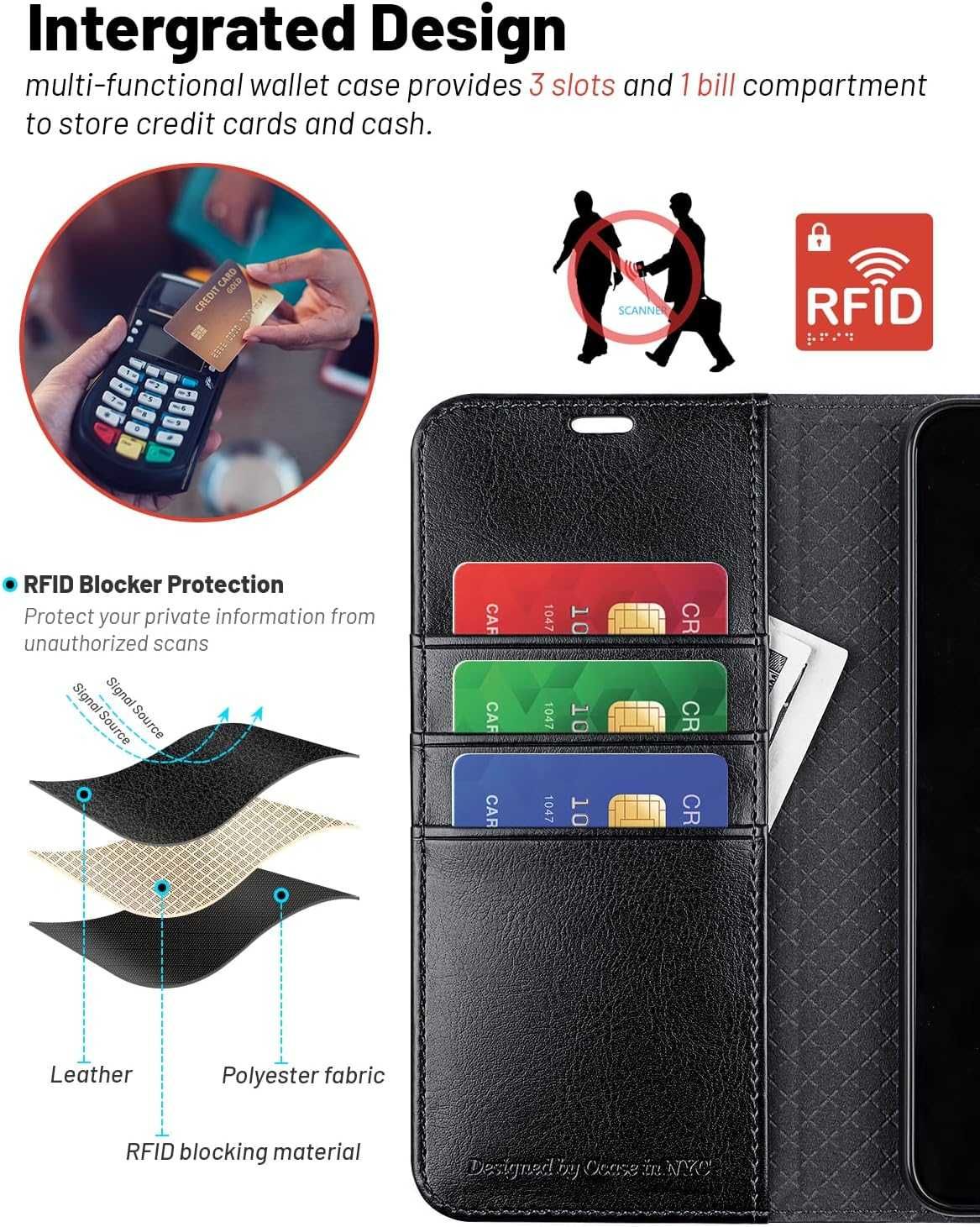 OCASE Etui skórzane z klapką do Samsung Galaxy S23 Portfel RFID stojak