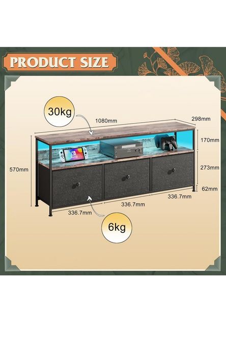 Generisch Kredens retro LED, komoda czarna 108 cm z 3 szufladami