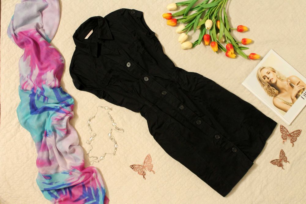 Camaïeu Czarna Klasyczna Bawełniana Szmizjerka Sukienka Biurowa  S/M