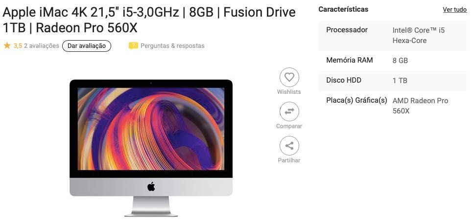 Apple iMac 4K 21.5" i5  8Gb  Fusion Drive 1Tb  Radeon Pro 560x (usado)