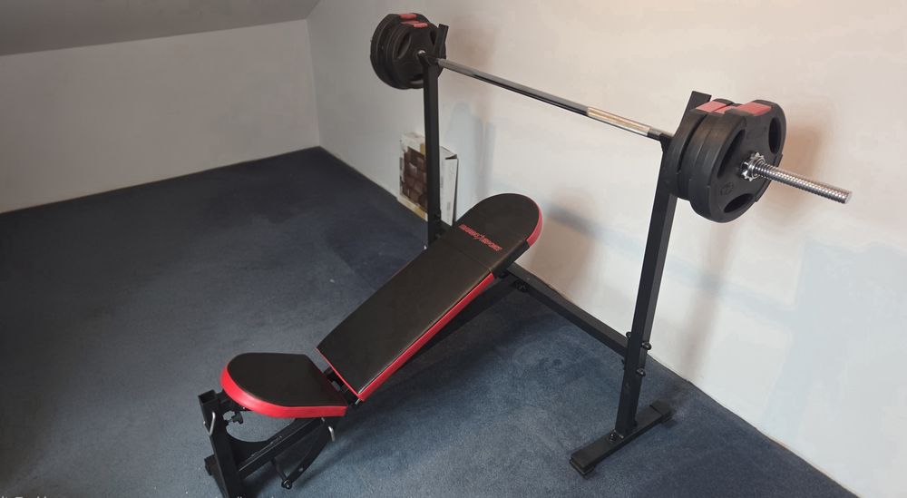 Ławka do ćwiczeń MARBO SPORT + sztanga + obciążenie