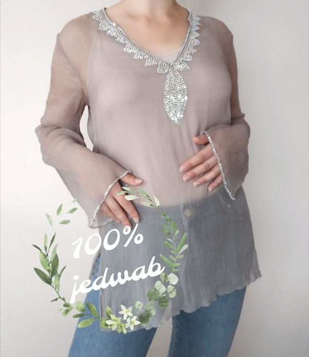 Jedwabna bluzka 100% silk cienka M luźna modna elegancka narzutka
