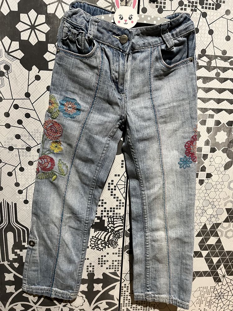 Jeansy vintage 122 Cool club hippi kwiaty szerokie flare