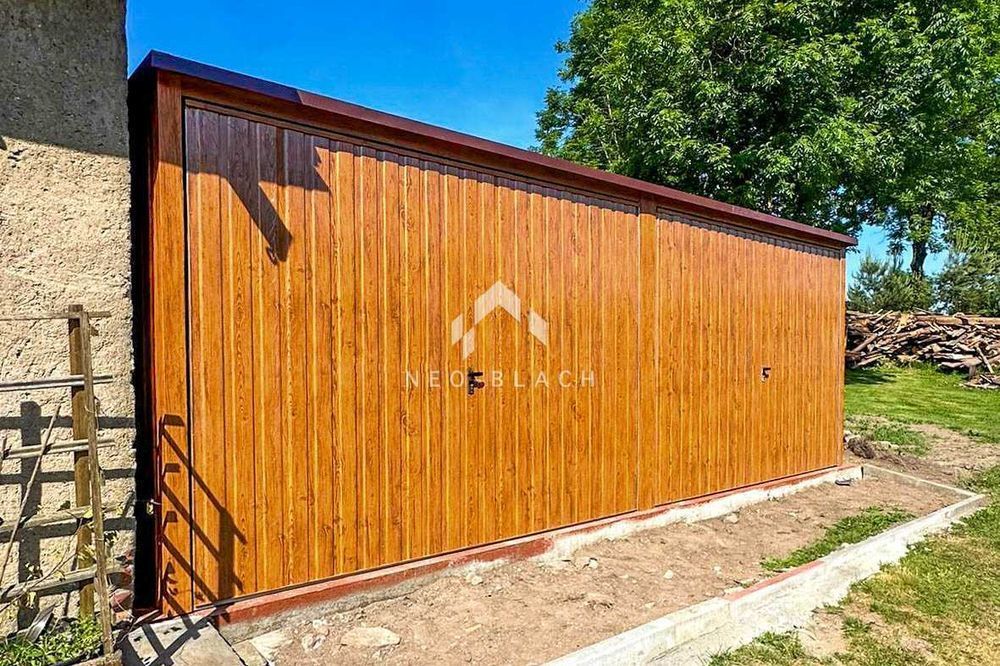 Garaż Blaszany 6X5M 2X Brama Uchylna Drzwi Złoty Dąb Dach Spad Nb196