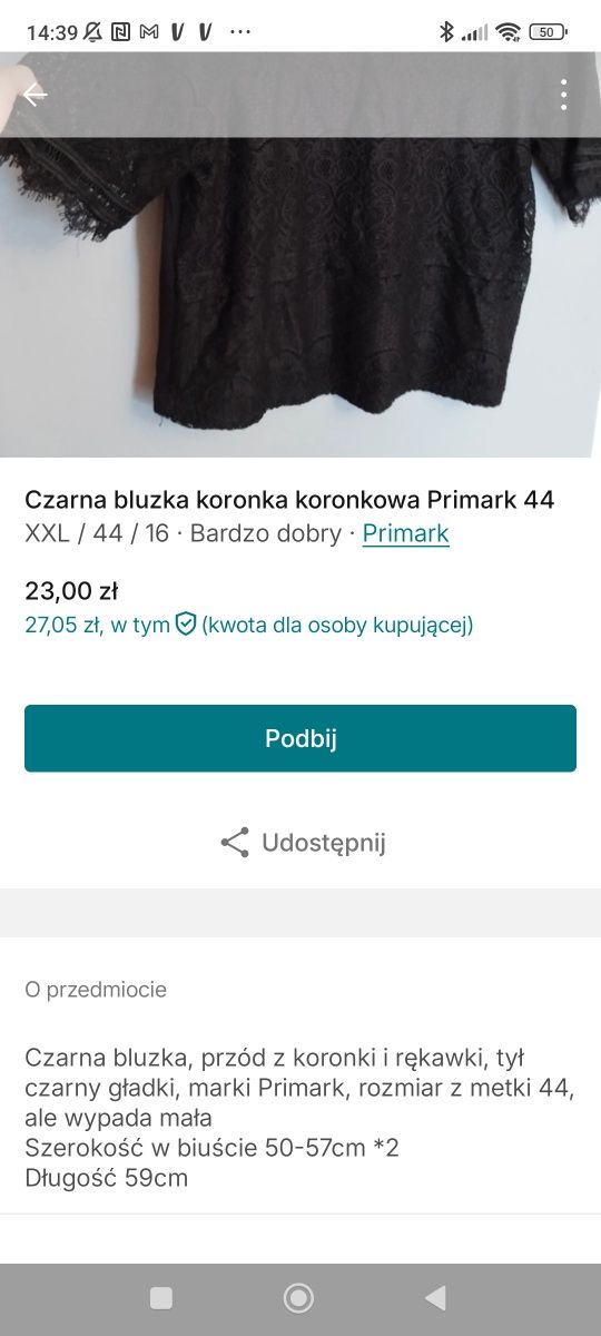 Czarna bluzka koronka koronkowa Primark 44