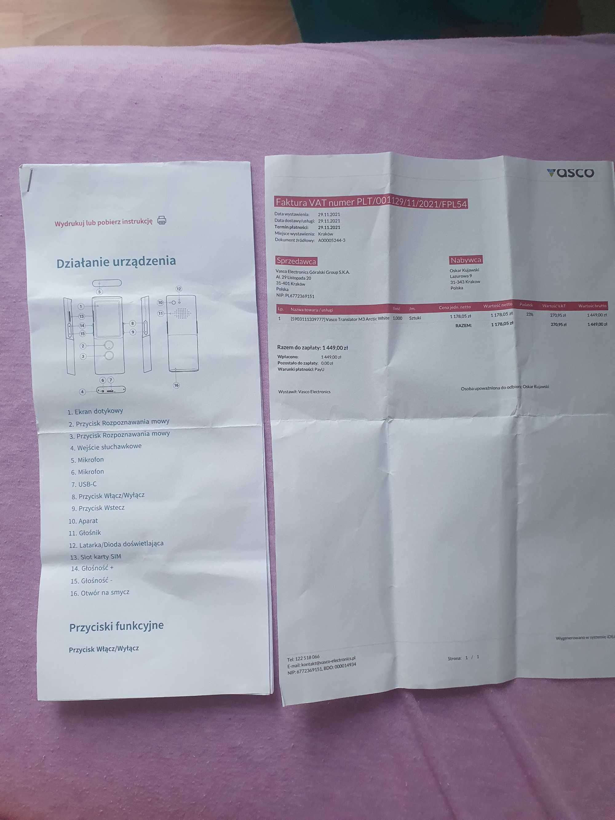 Vasco M3 translator tłumacz