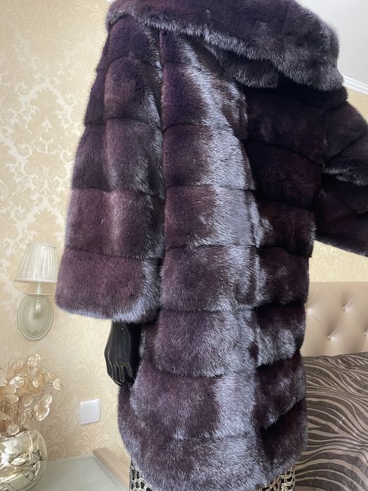 24.11 Київ примірки! Норкова шуба 85 см, капюшон 44-46, чорнильна