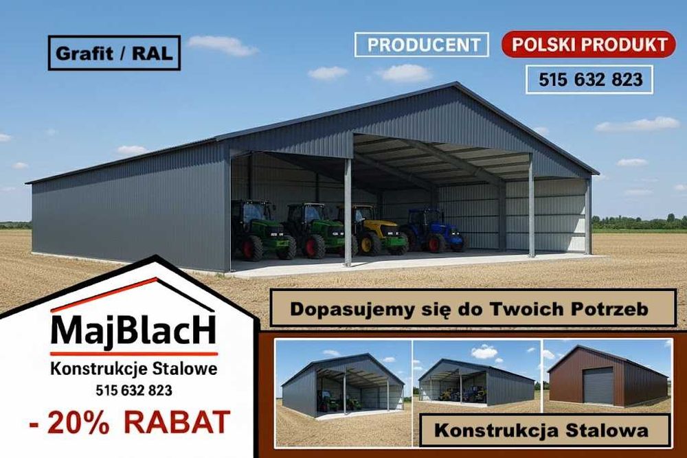 Garaż Blaszany OCYNKOWANY| Konstrukcja Stalowa| Duża Hala - Maj-Blach