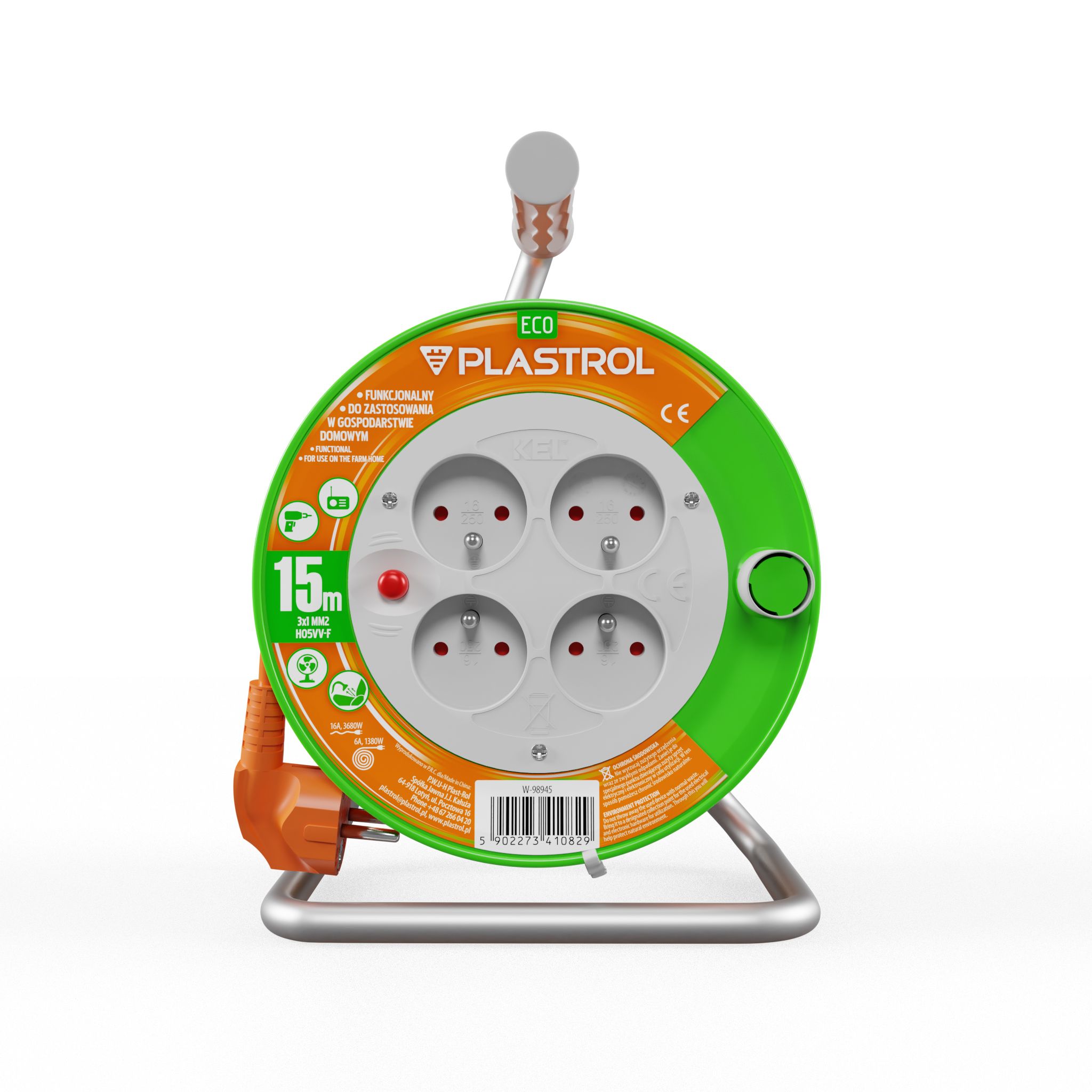Przedłużacz bębnowy Eco PB-ST/M/15M/3X1/H05VV-F pomarańczowy PLASTROL