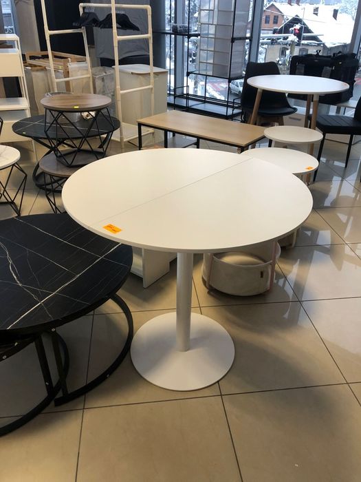 Stolik stół kawowy okrągły wysoki biały na jednej metalowej nodze
