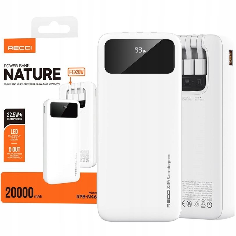Szybki Powerbank 20000Mah 22,5W 3A Wbudowane Kable Usb-C Do Lightning