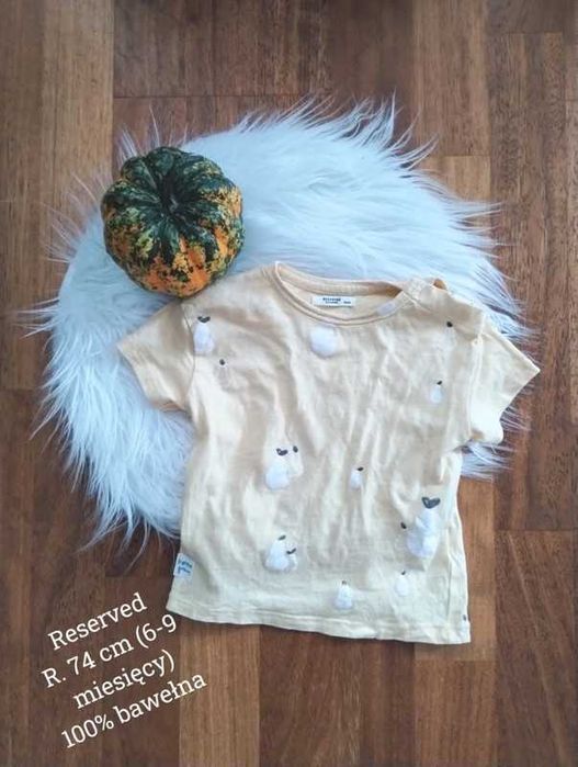 Żółty t-shirt w gruszki Reserved Eco Aware r. 74 cm