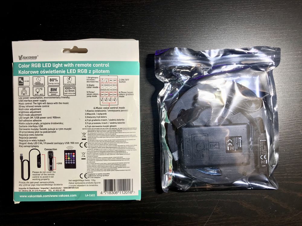 Taśma USB LED VAKOSS RGB 3m + pilot LA-C603 NOWA