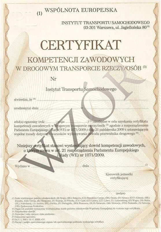 Certyfikat Competencji Zawodowych przewóz rzeczy -spedycja, transport