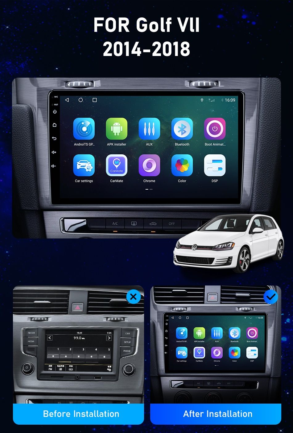 Rádio android 11 2din Volkswagen Golf 7 2011 a 2023 gps carplay wifi