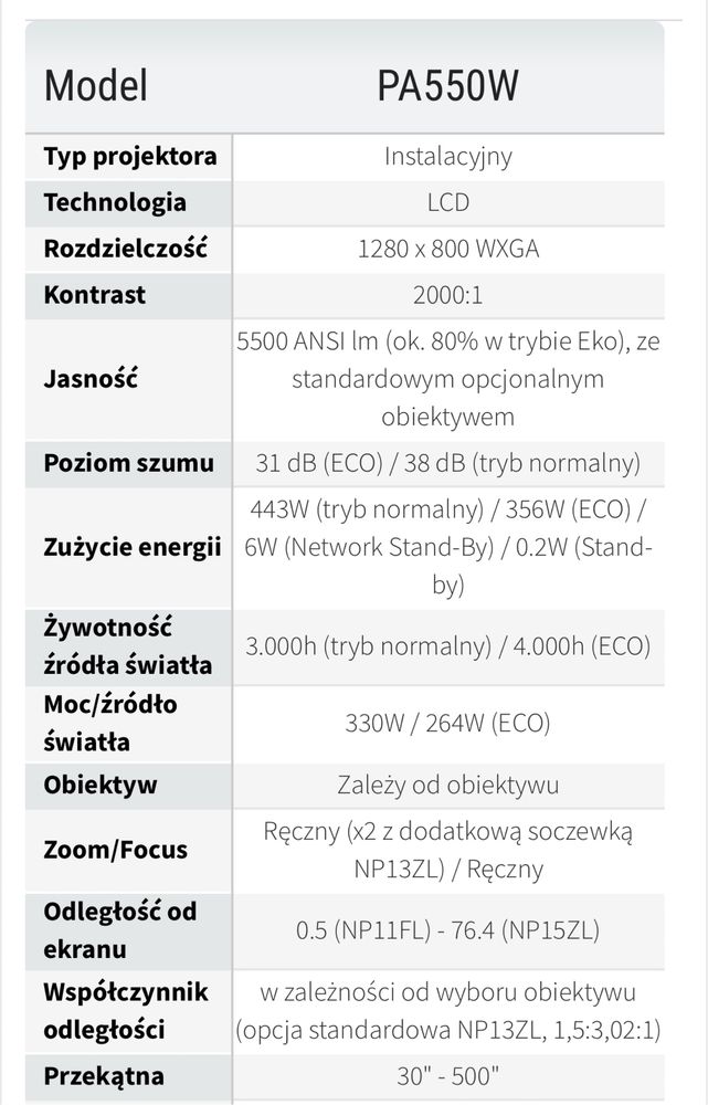 Rzutnik projektor NEC NP-PA550W do 500 cali 12metrow telewizor