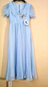 Blue Chiffon Lace Detail Midi Dress