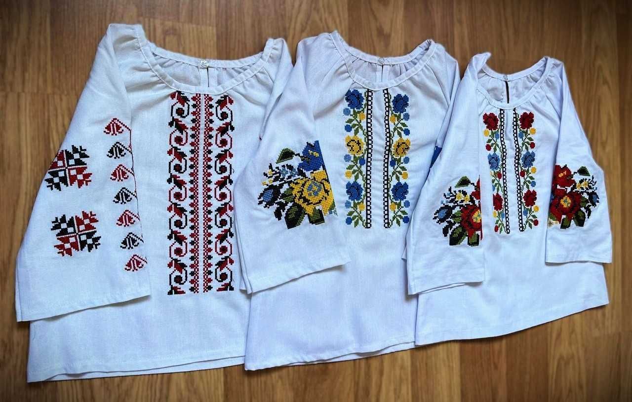 Вишиванка для дівчинки дитяча білий льон Рукав 3/4 святкова в школу