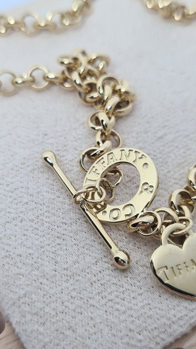 Złoty łańcuszek naszyjnik splot rolo zapiecie toggle Tifany z sercem