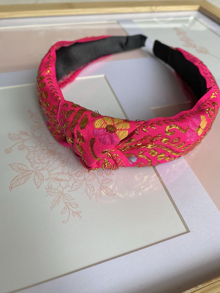 Opaska do włosów Boho/Ethnic haftowana, Royal Floral/Pink