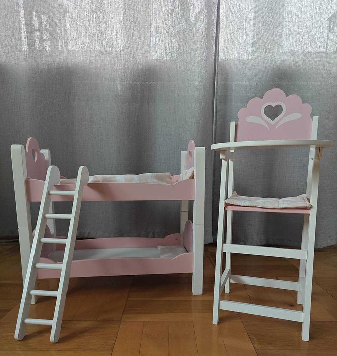 Zestaw dla lalek – łóżeczko i krzesełko do karmienia | PIĘKNY KOMPLET