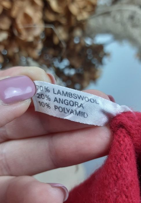 Wełniany sweter czerwony wełna angora golf ciepły sweterek splot gruby