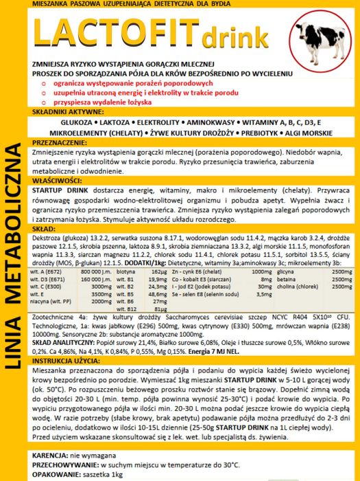 Pójło dla krów po wycieleniu Lactofit Drink PBN 1kg / 30 opakowań