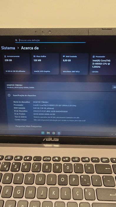 Portatil Asus i3 10a geração, 8Gb, 250Gb nvme