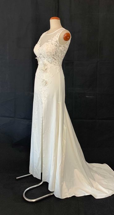 Nowa Elegancka Suknia Ślubna Ivory Koronka Guziki M 38 kwiaty 3D boho