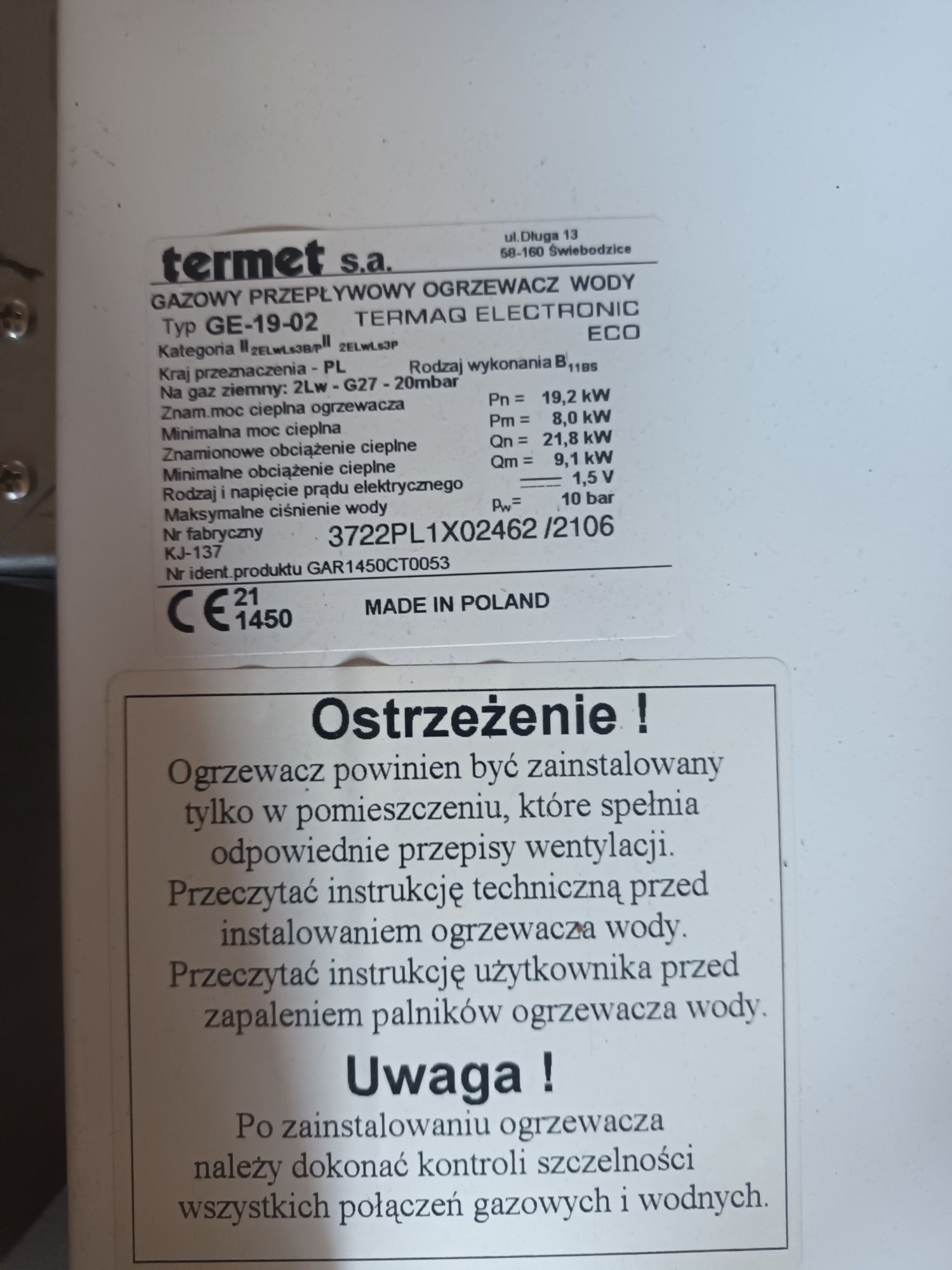 Termet Piecyk gazowy