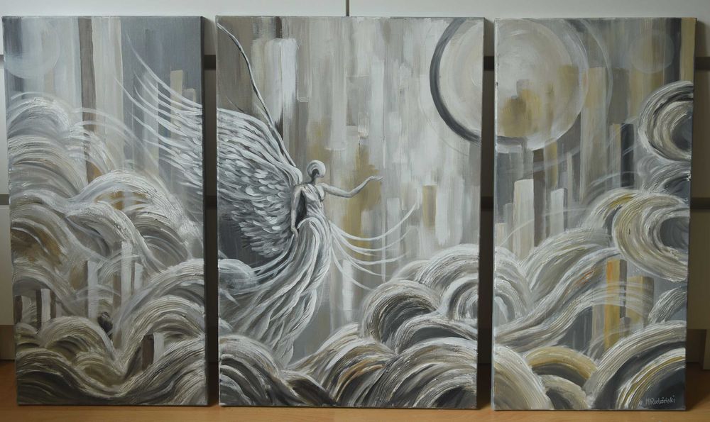 Marek Rudziński "Tryptyk z aniołem" 100x60. Olej na płótnie.