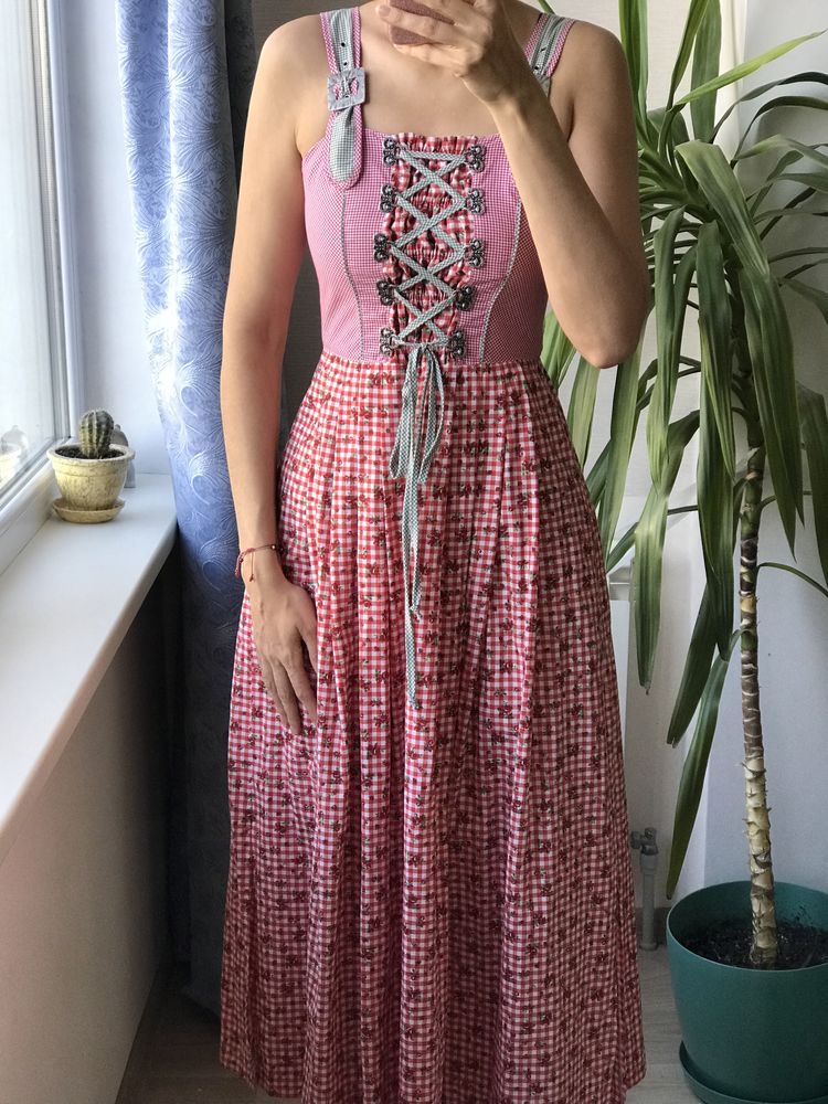 Австрийское платье сарафан клетка виши шнуровка цветочный принт винтаж