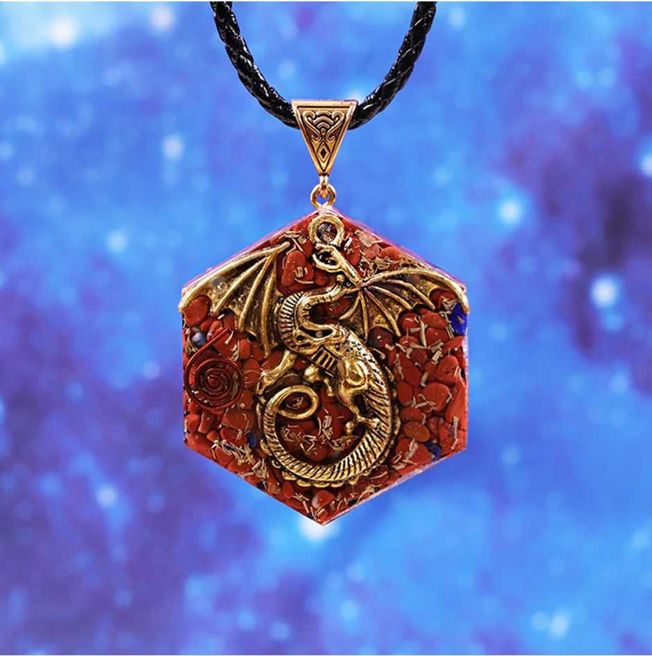 Piękny Naszyjnik Wisior Amulet Orgonit Feniks Jaspis Miedź Lazuryt