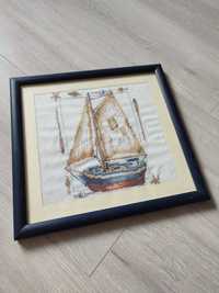 Obrazek haftowany muliną statek handmade