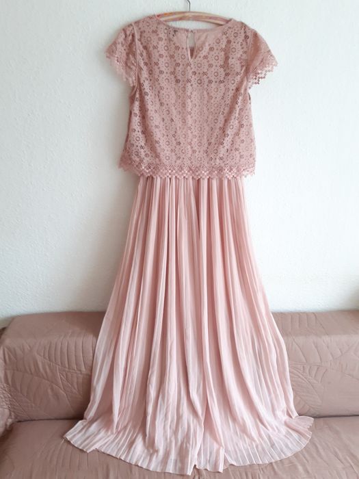 Nowa Długa sukienka plisowana top koronkowy pudrowy róż L XL