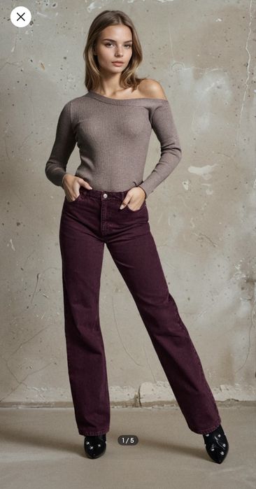 женские вишневые джинсы wide leg sinsay 36