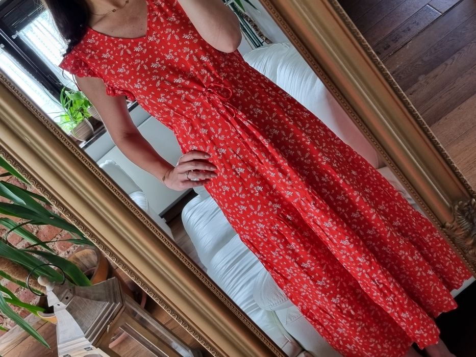 Długa zwiewna letnia czerwona sukienka w kwiatki z wiskozy S/M r