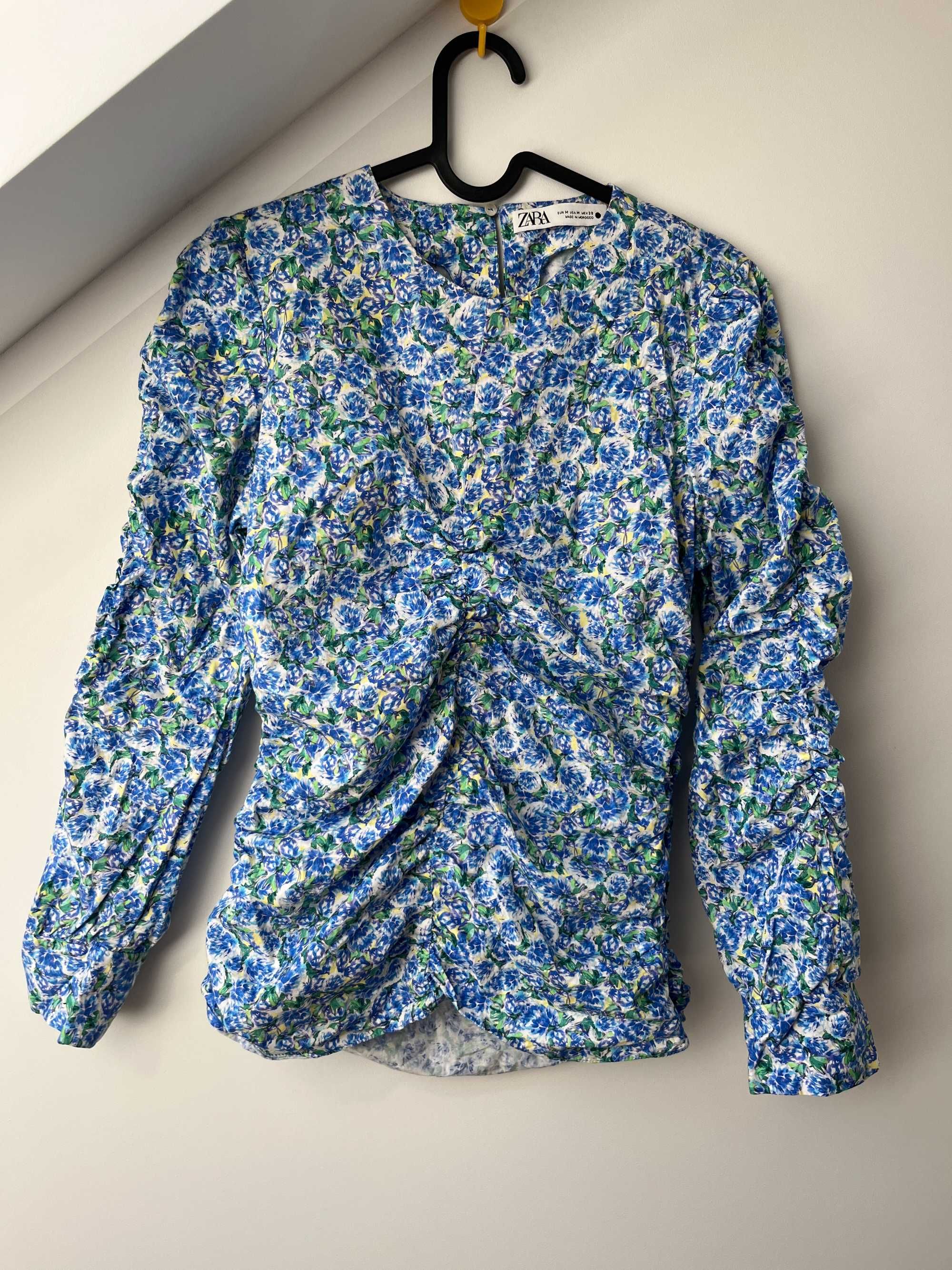 Niebieska Bluzka ZARA w Kwiaty Rozmiar M Bawełna lato old money casual