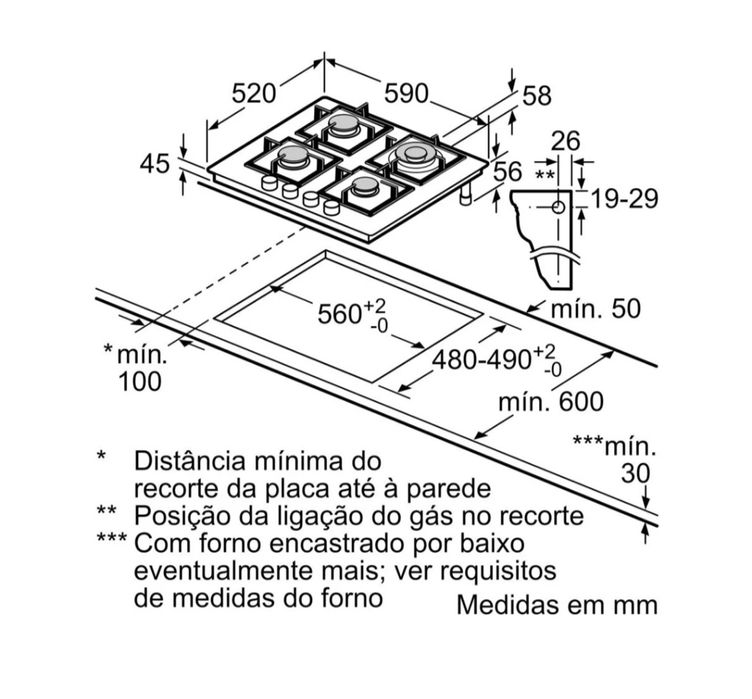 Placa gás 60cm BOSCH vidro duro preta nova a estrear