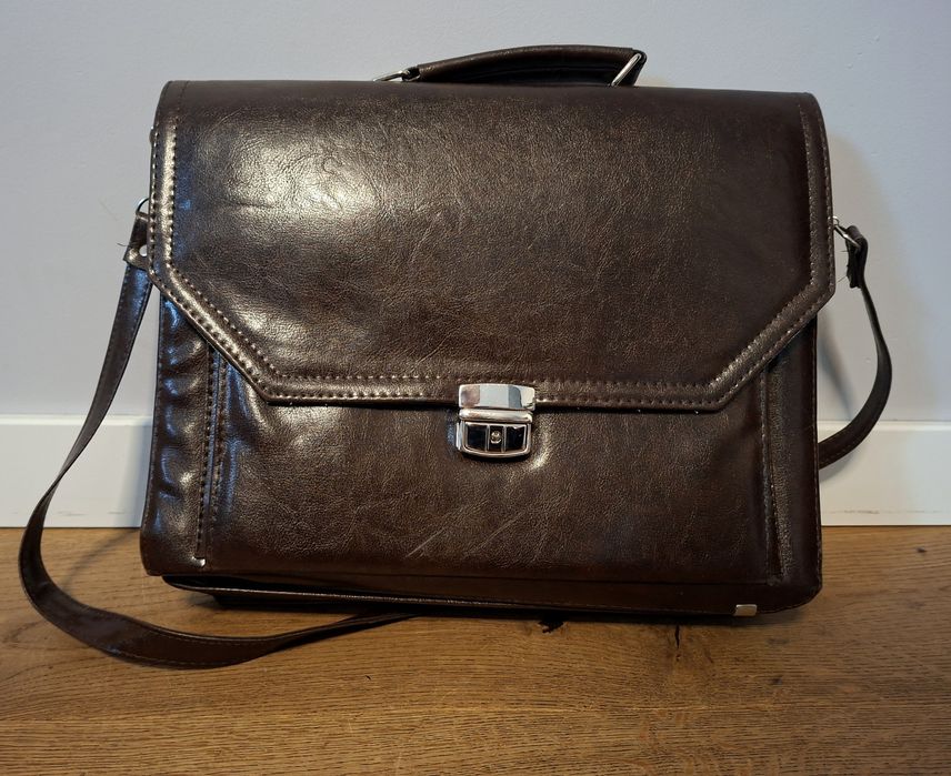 Skórzana brązowa torba na ramię męska dużo przegródek, pasek na ramię