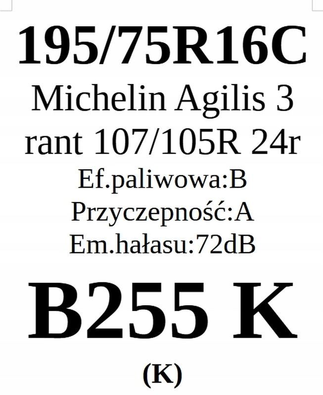 4x 195/75r16c Michelin Agilis 3/107/105r 2024r B/A/72dB