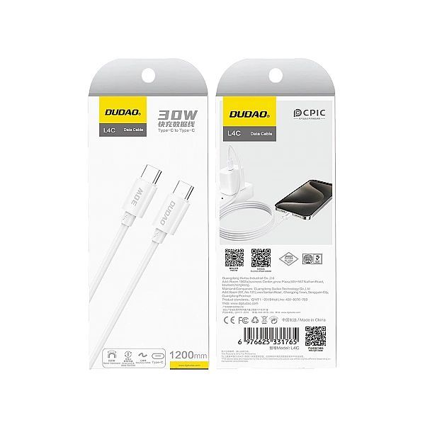 Kabel Dudao L4c Usb-c / Usb-c 30w 1.2m - biały