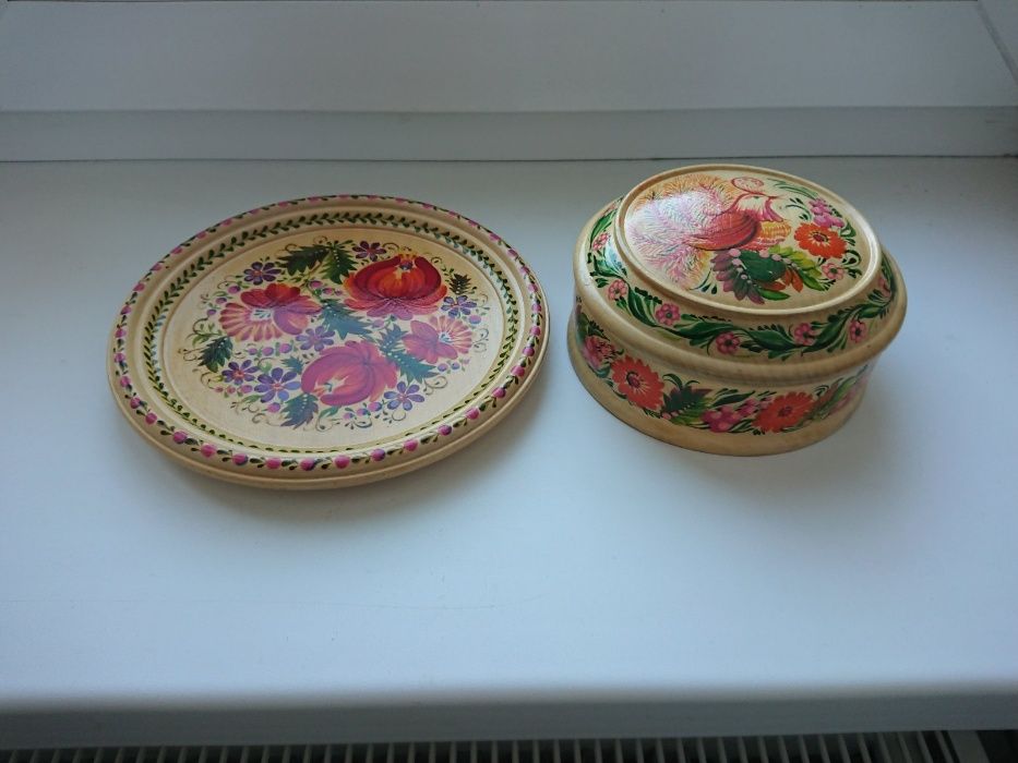 Набор деревянная тарелка и шкатулка ручной работы