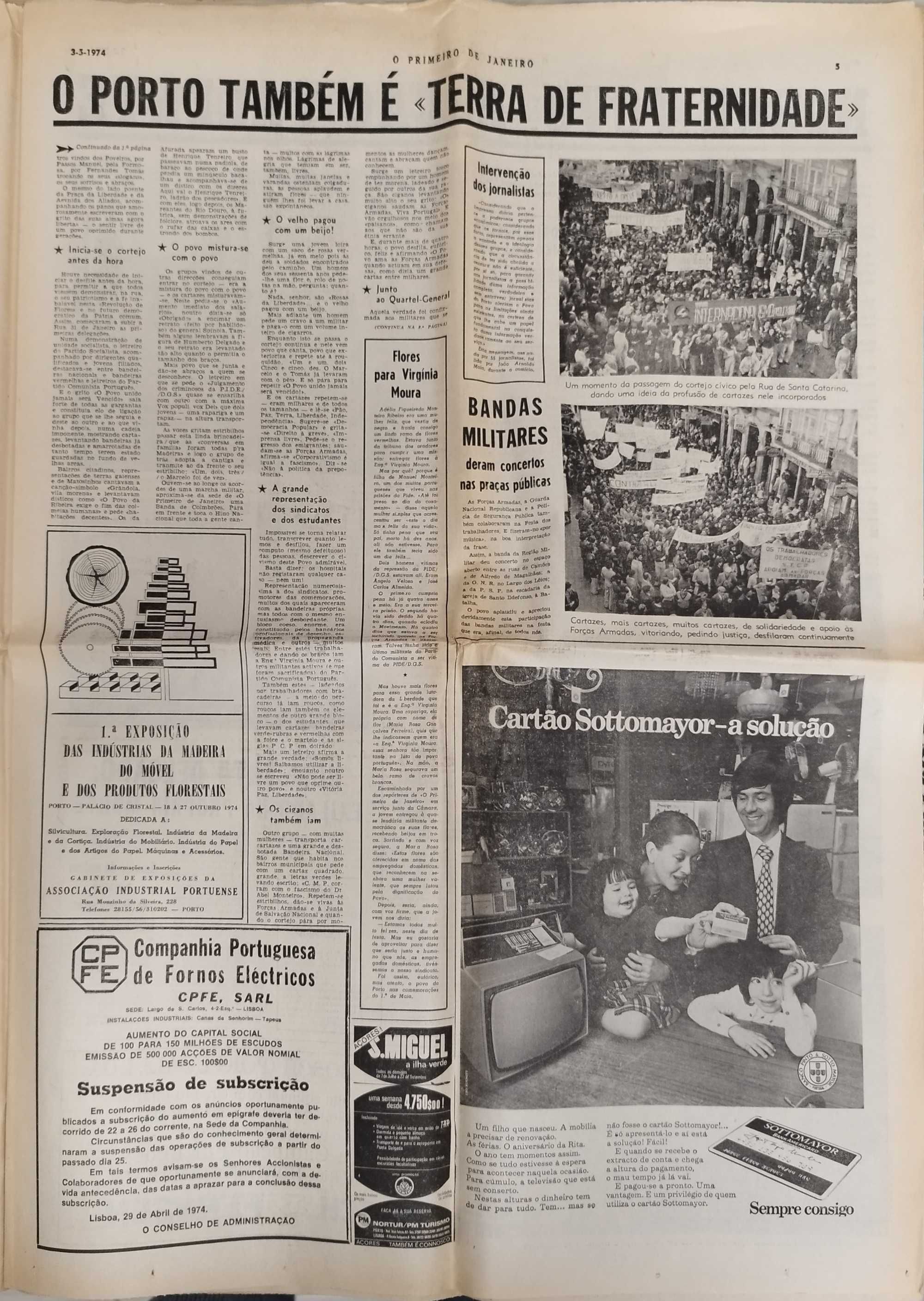 Jornal "O Primeiro de Janeiro" de 3 Maio 1974- após a revolução