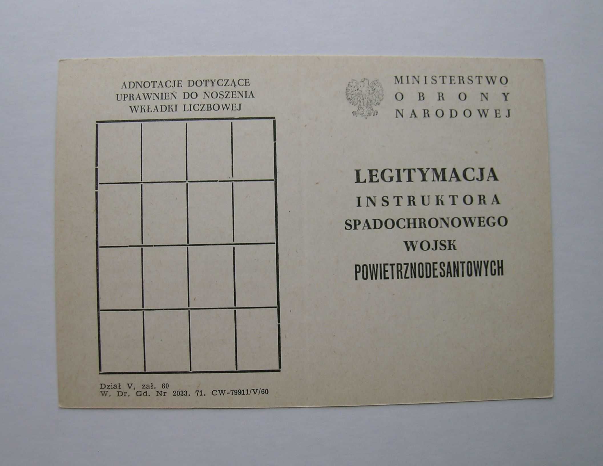 Legitymacja Instruktor Spadochronowy WPD - I wzór