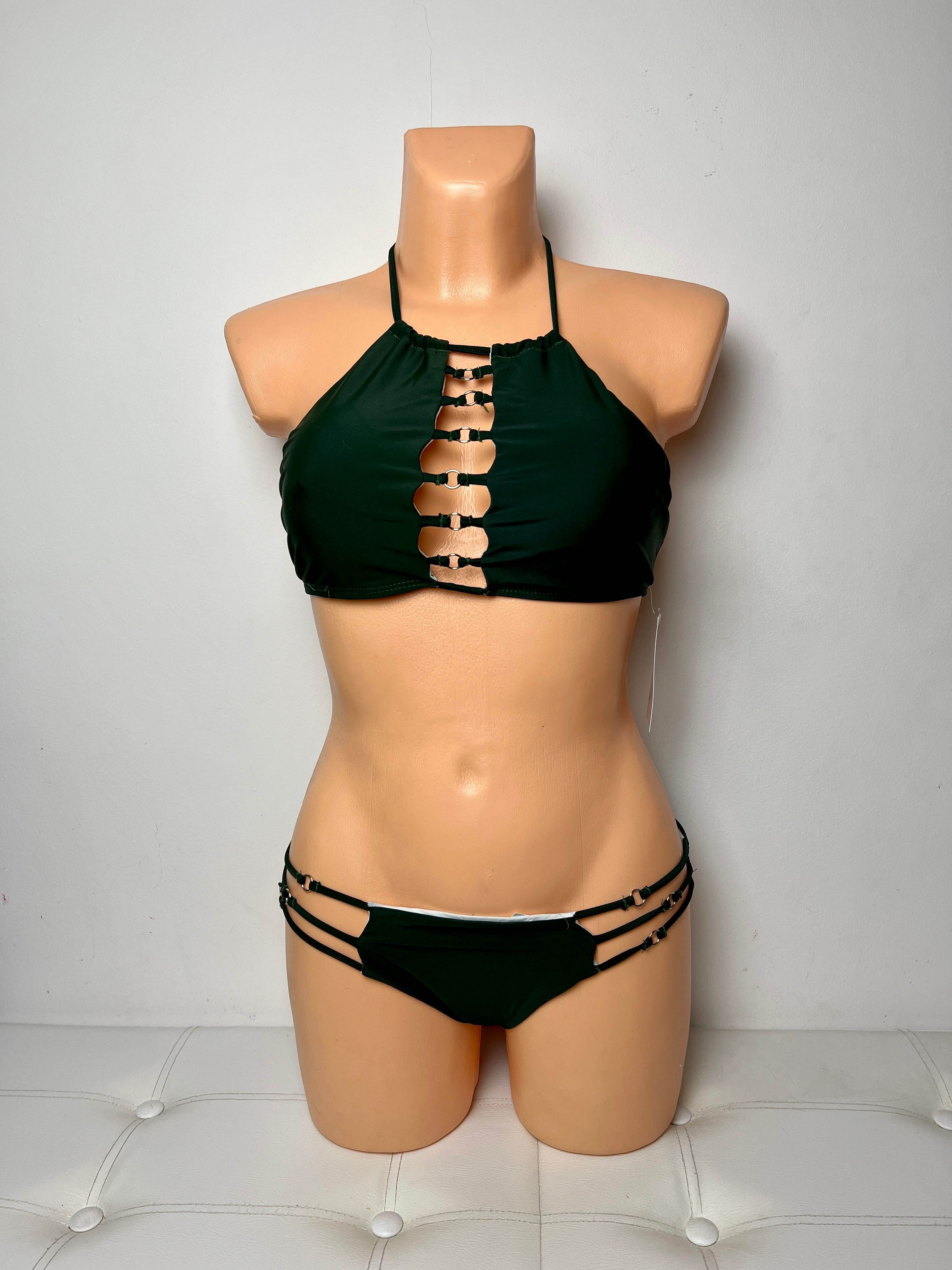 Strój kąpielowy bikini butelkowa zieleń paski L i xl