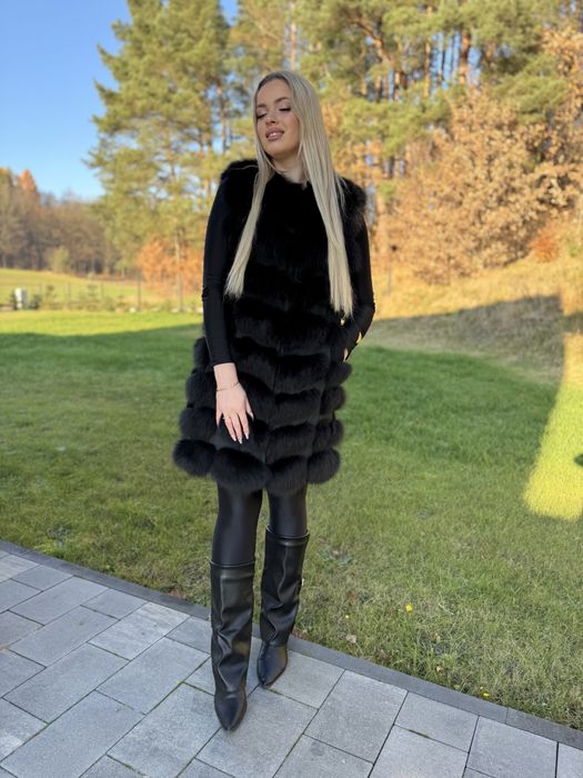 Kamizelka m/l z lisa czarnego naturalne futro damska długa rzędowa