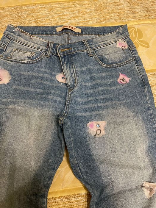 Calças de ganga aplicações nas dobras em baixo em tecido Vichy