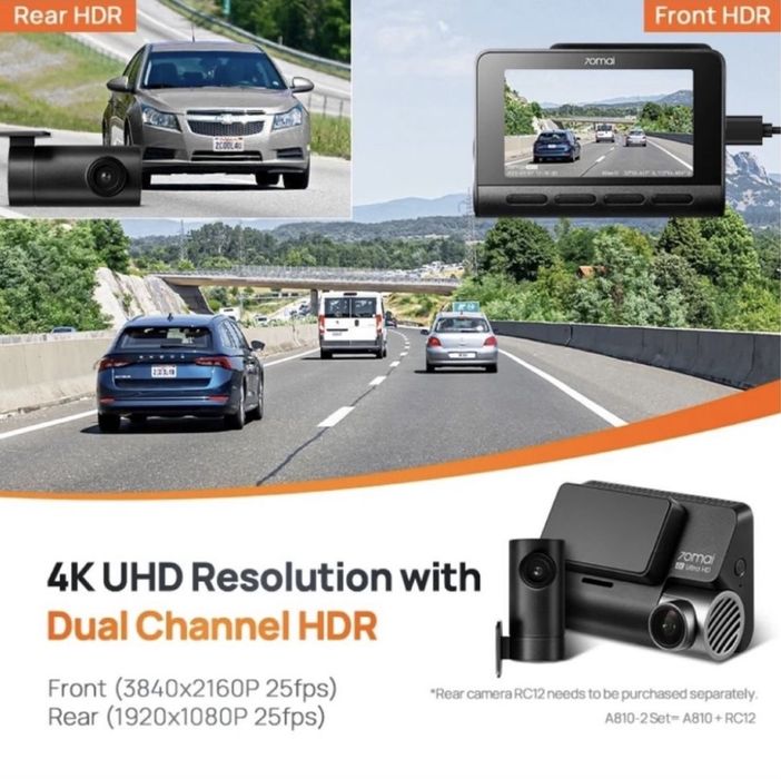 Відеореєстратор 70mai Dash Cam 4K A810 + задня камера